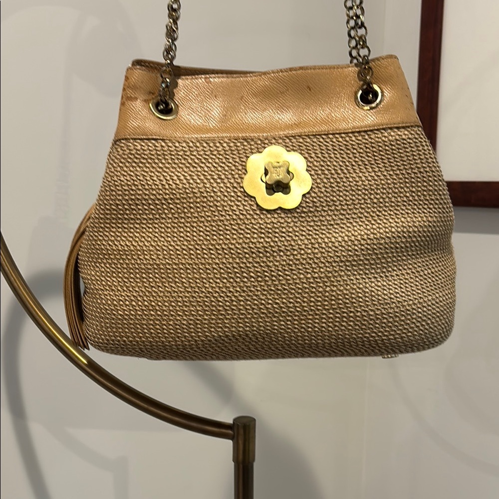 Eric Javits Tan and Gold Shoulder Bag with Chain Strap